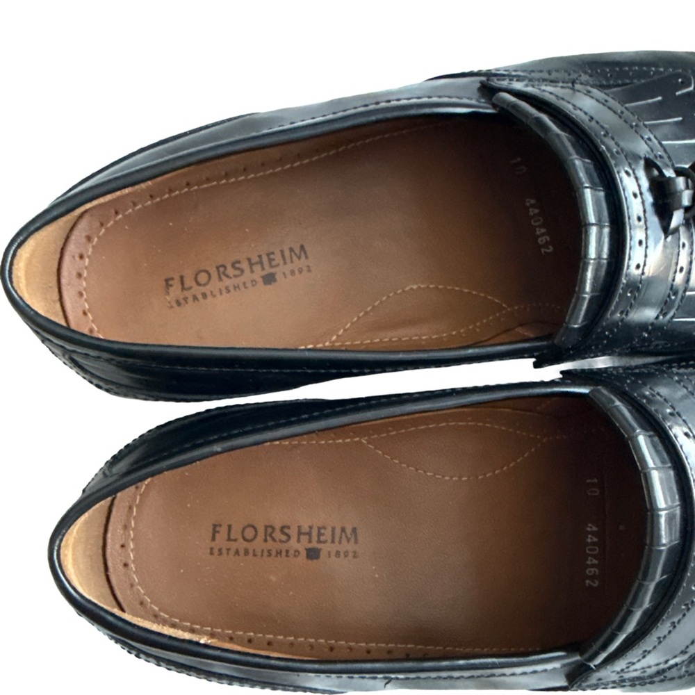 FLORSHEIM Tasseled Fringe Brogue Black Leather Loafer Men’s Dress Shoes Size 10D - Picture 3 of 7